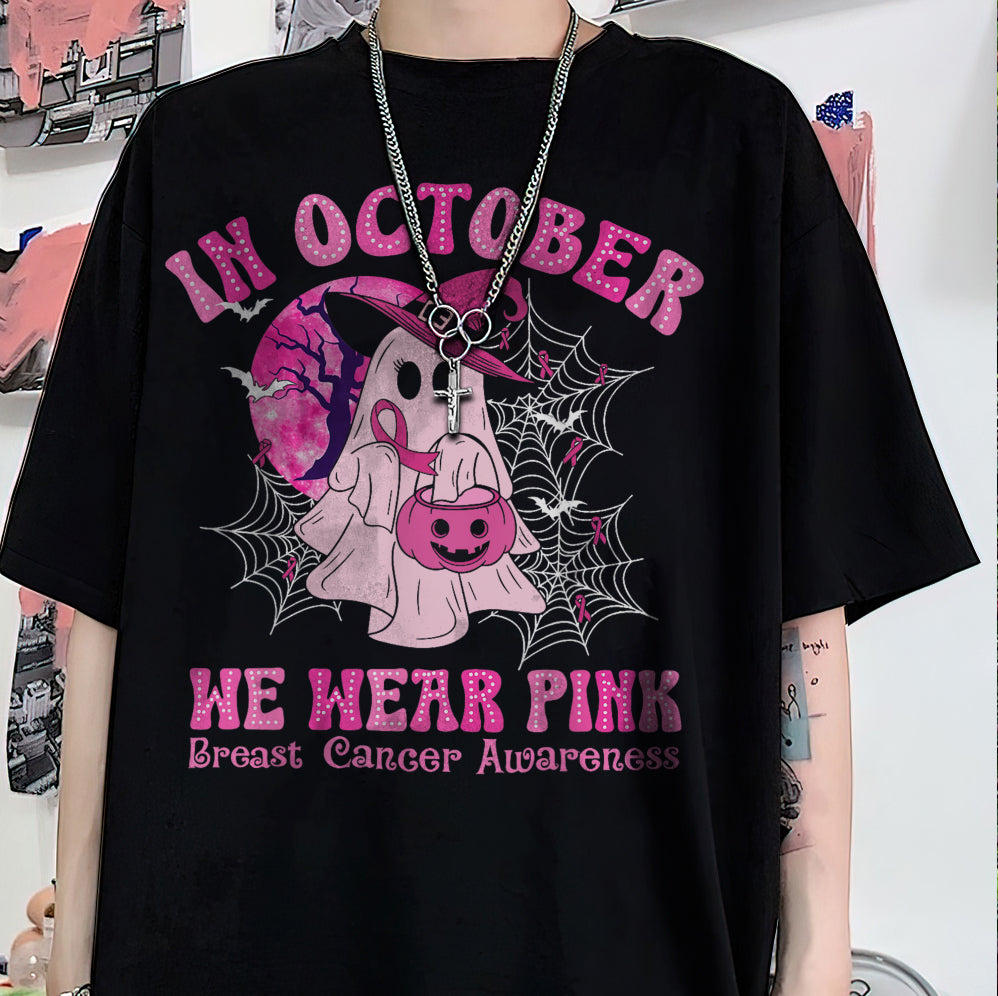 In October We Wear Pink Ghost Shirt, Halloween Tee, Pink Ribbon Shirt V5, Breast Cancer Awareness Shirt, Retro Cancer Survivor T-Shirt