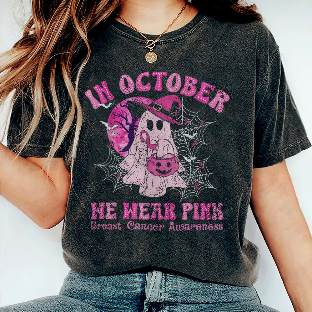 In October We Wear Pink Ghost Shirt, Halloween Tee, Pink Ribbon Shirt V5, Breast Cancer Awareness Shirt, Retro Cancer Survivor T-Shirt
