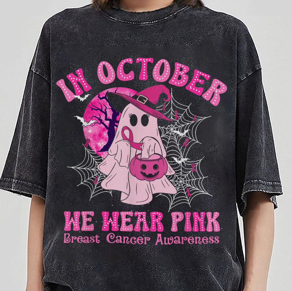 In October We Wear Pink Ghost Shirt, Halloween Tee, Pink Ribbon Shirt V5, Breast Cancer Awareness Shirt, Retro Cancer Survivor T-Shirt