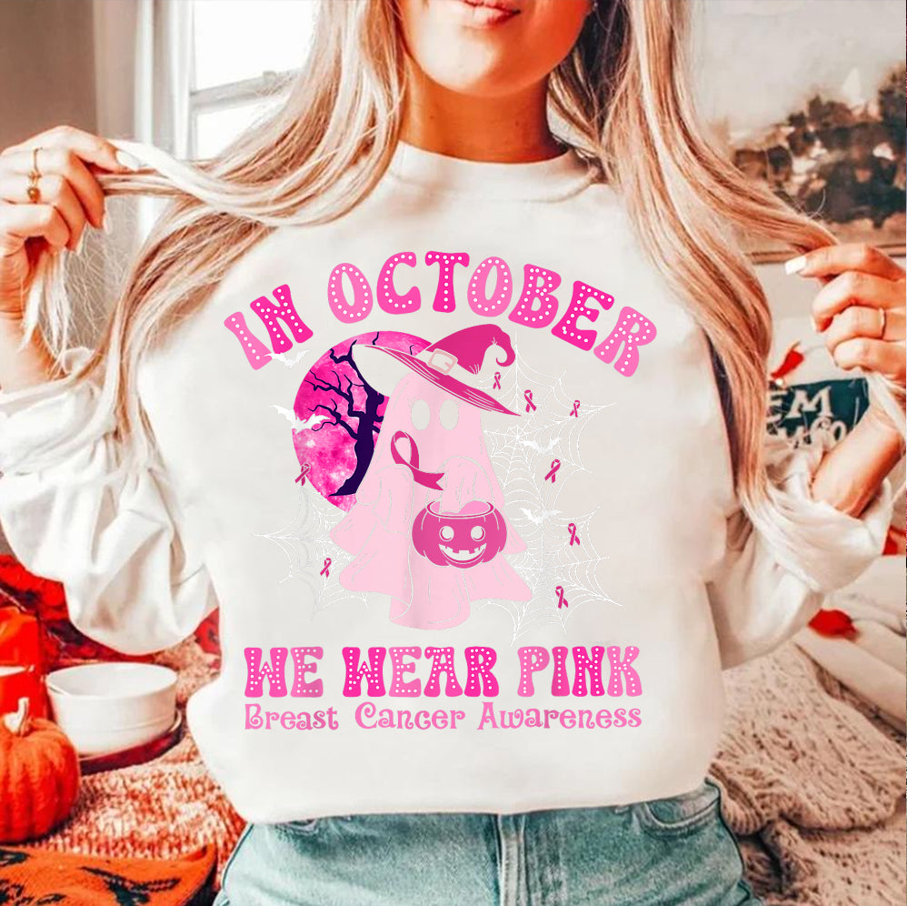 In October We Wear Pink Ghost Shirt, Halloween Tee, Pink Ribbon Shirt V5, Breast Cancer Awareness Shirt, Retro Cancer Survivor T-Shirt