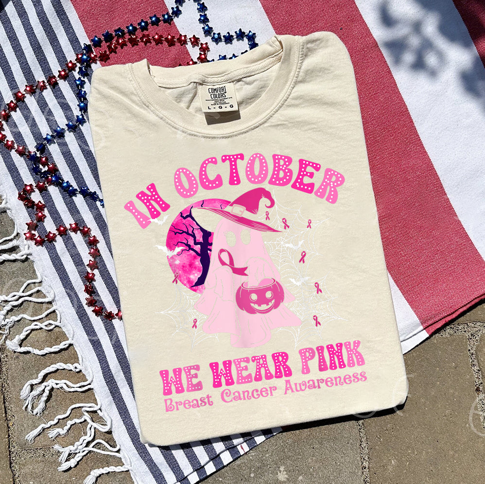 In October We Wear Pink Ghost Shirt, Halloween Tee, Pink Ribbon Shirt V5, Breast Cancer Awareness Shirt, Retro Cancer Survivor T-Shirt