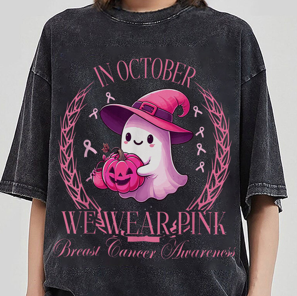 In October We Wear Pink Ghost Shirt, Halloween Tee, Pink Ribbon Shirt V6, Breast Cancer Awareness Shirt, Retro Cancer Survivor T-Shirt