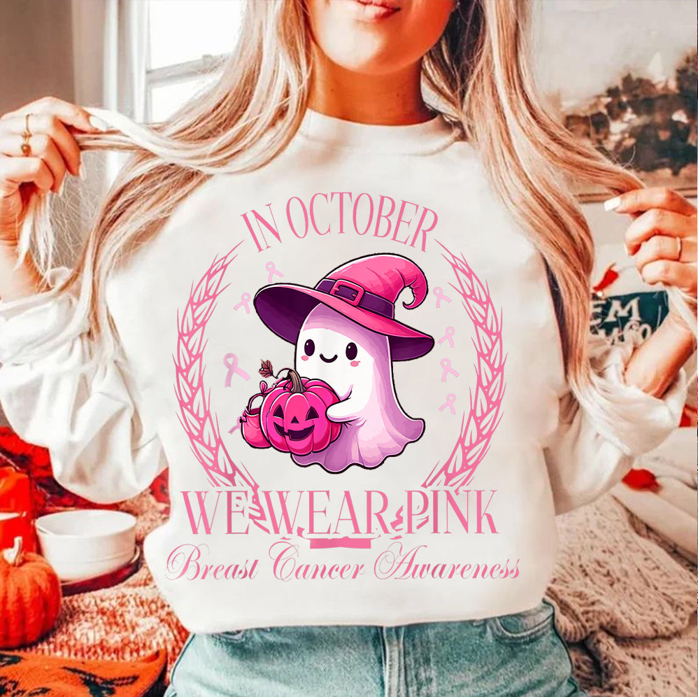 In October We Wear Pink Ghost Shirt, Halloween Tee, Pink Ribbon Shirt V6, Breast Cancer Awareness Shirt, Retro Cancer Survivor T-Shirt