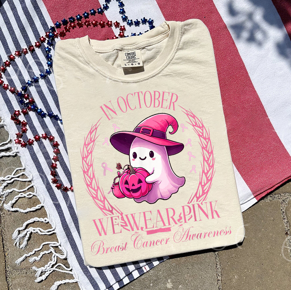 In October We Wear Pink Ghost Shirt, Halloween Tee, Pink Ribbon Shirt V6, Breast Cancer Awareness Shirt, Retro Cancer Survivor T-Shirt