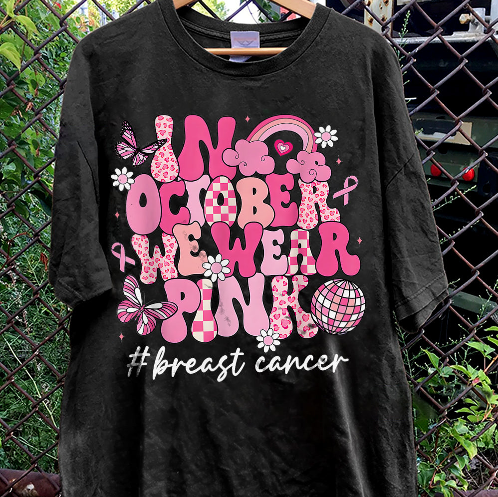 In October We Wear Pink Ghost Shirt, Halloween Tee, Pink Ribbon Shirt V7, Breast Cancer Awareness Shirt, Retro Cancer Survivor T-Shirt