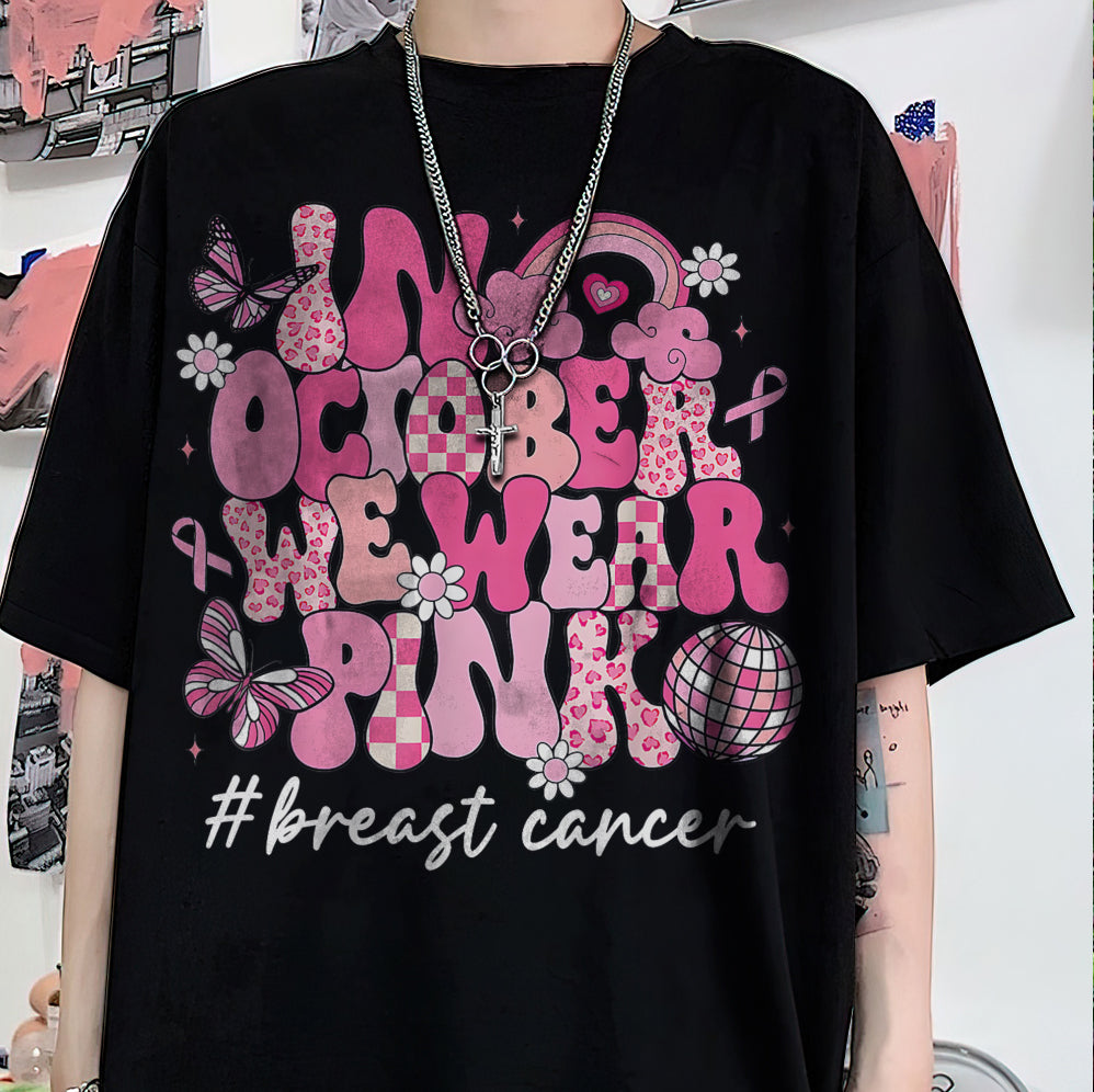 In October We Wear Pink Ghost Shirt, Halloween Tee, Pink Ribbon Shirt V7, Breast Cancer Awareness Shirt, Retro Cancer Survivor T-Shirt