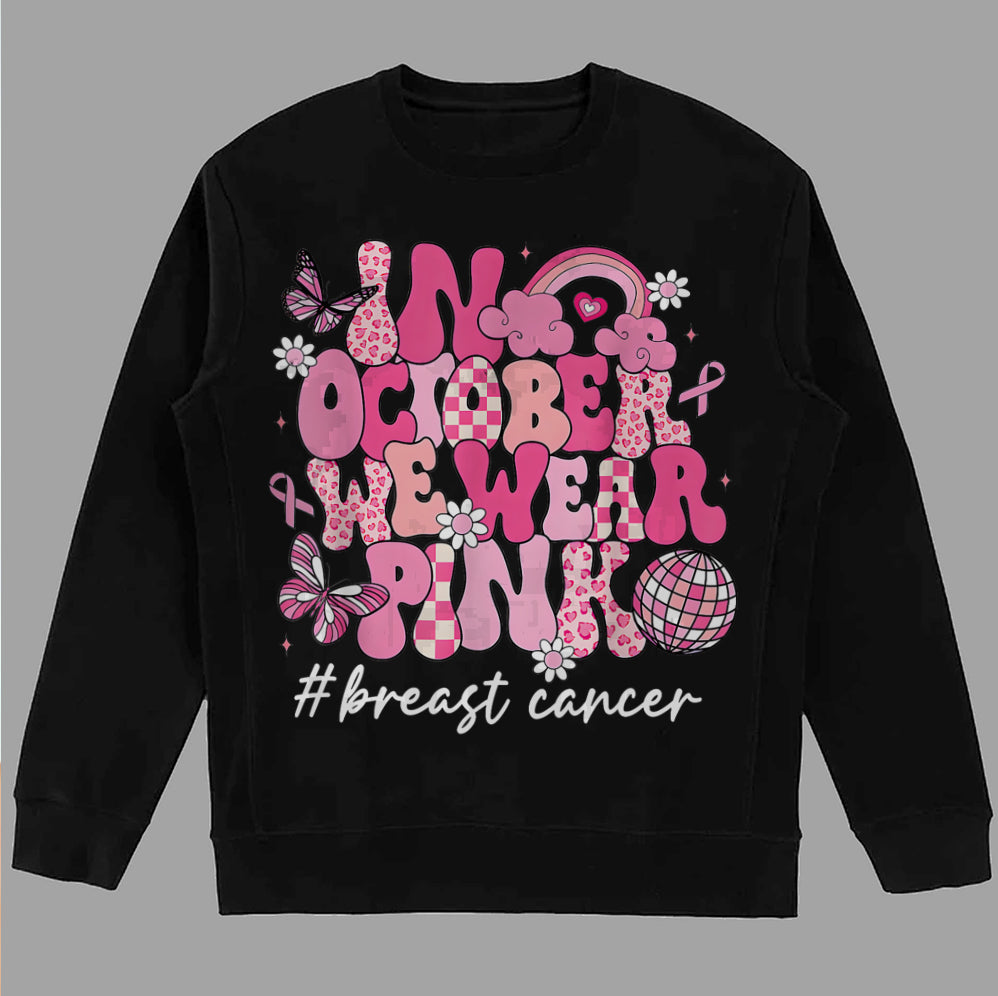 In October We Wear Pink Ghost Shirt, Halloween Tee, Pink Ribbon Shirt V7, Breast Cancer Awareness Shirt, Retro Cancer Survivor T-Shirt