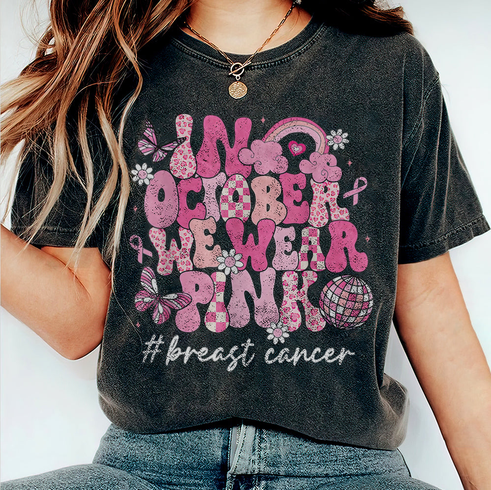 In October We Wear Pink Ghost Shirt, Halloween Tee, Pink Ribbon Shirt V7, Breast Cancer Awareness Shirt, Retro Cancer Survivor T-Shirt