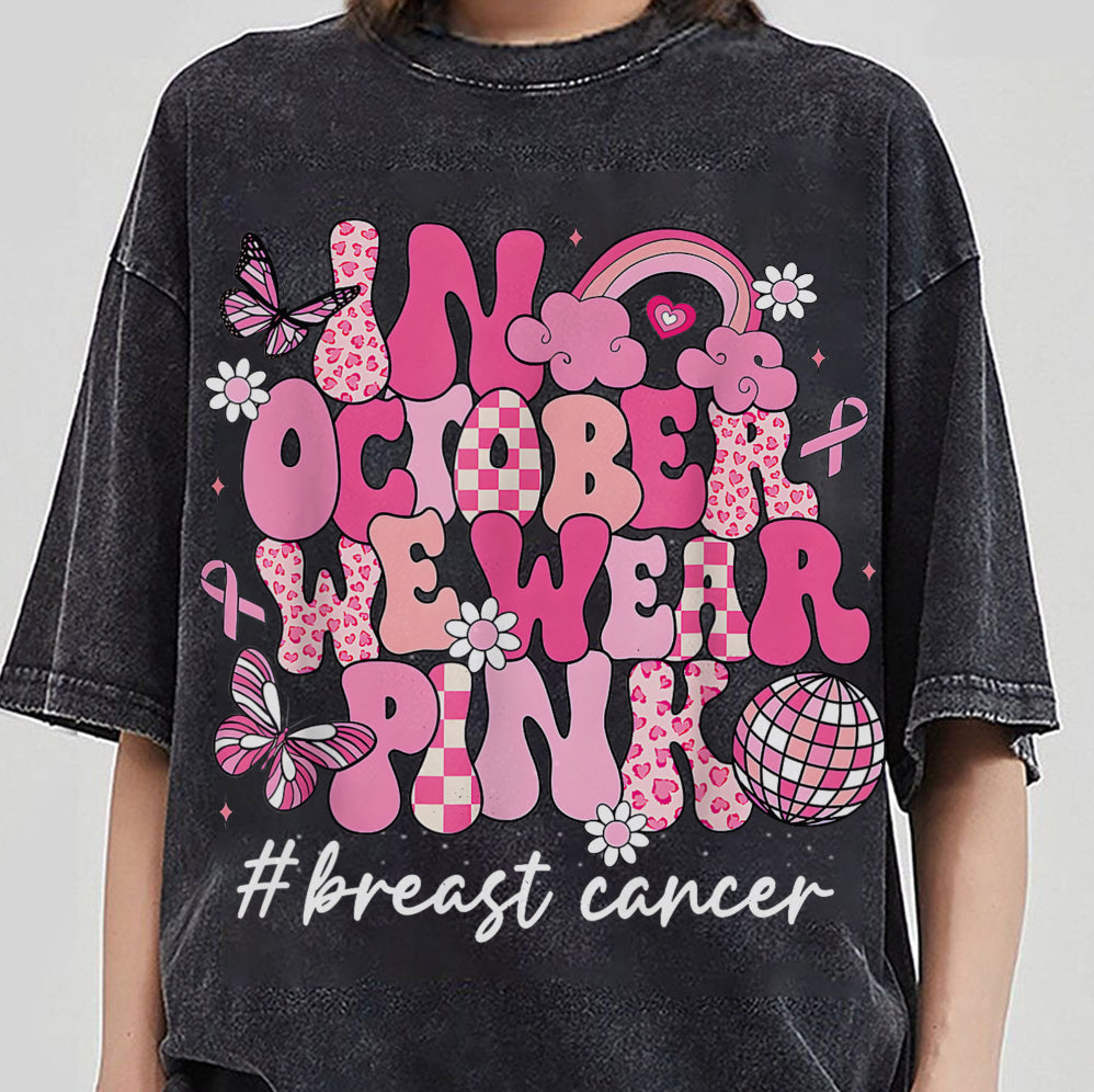 In October We Wear Pink Ghost Shirt, Halloween Tee, Pink Ribbon Shirt V7, Breast Cancer Awareness Shirt, Retro Cancer Survivor T-Shirt