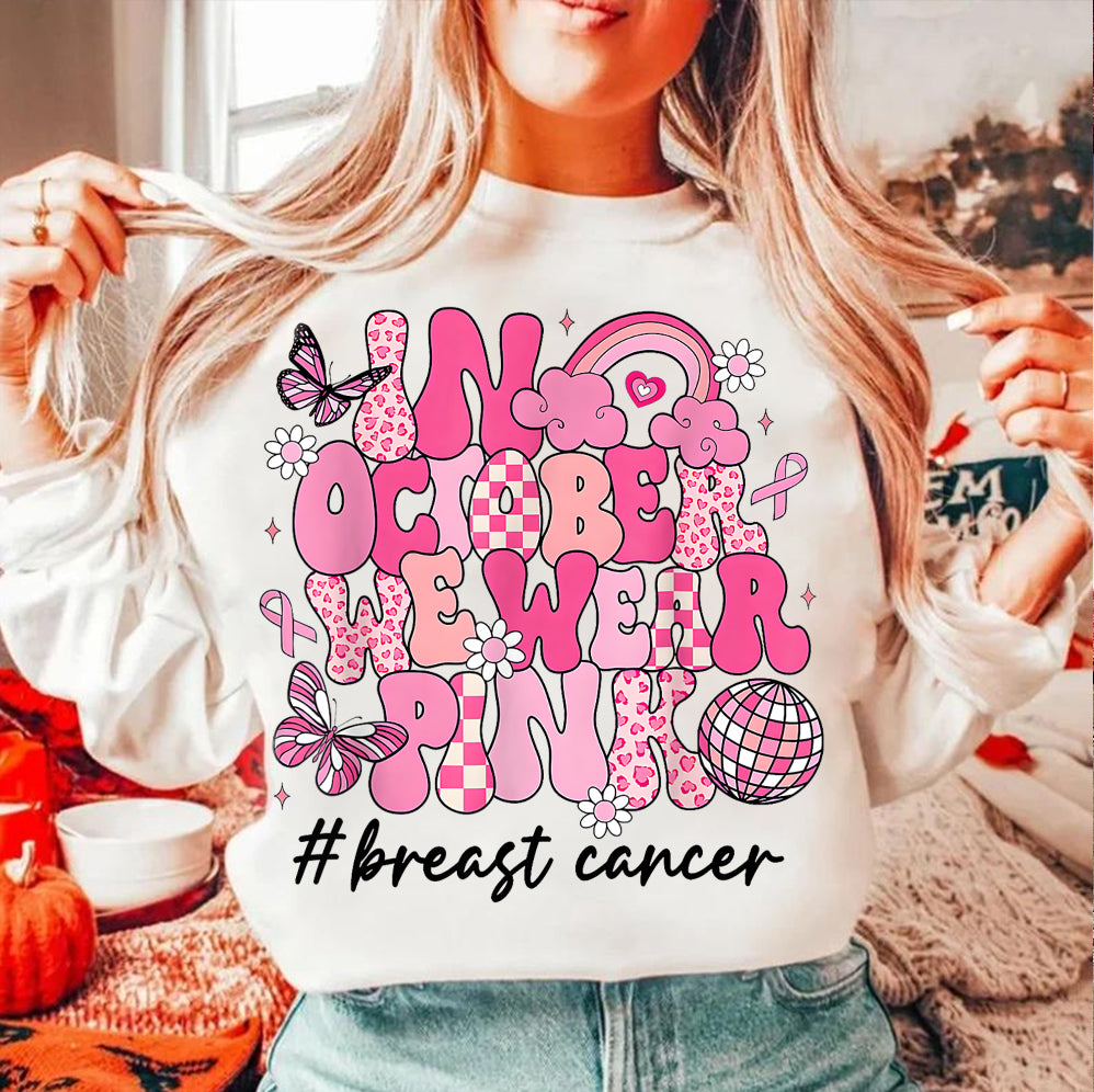 In October We Wear Pink Ghost Shirt, Halloween Tee, Pink Ribbon Shirt V7, Breast Cancer Awareness Shirt, Retro Cancer Survivor T-Shirt