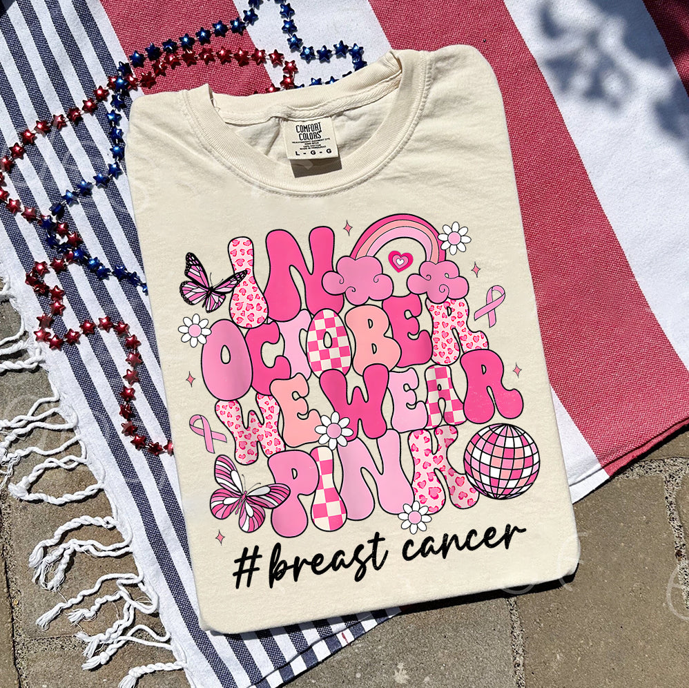 In October We Wear Pink Ghost Shirt, Halloween Tee, Pink Ribbon Shirt V7, Breast Cancer Awareness Shirt, Retro Cancer Survivor T-Shirt