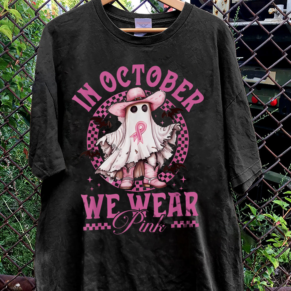 In October We Wear Pink Ghost Shirt, Halloween Tee, Pink Ribbon Shirt v8, Breast Cancer Awareness Shirt, Retro Cancer Survivor T-Shirt
