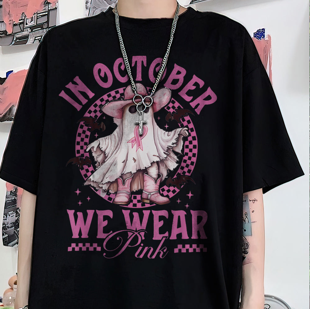 In October We Wear Pink Ghost Shirt, Halloween Tee, Pink Ribbon Shirt v8, Breast Cancer Awareness Shirt, Retro Cancer Survivor T-Shirt