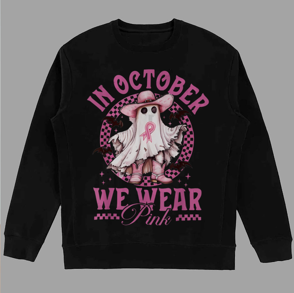 In October We Wear Pink Ghost Shirt, Halloween Tee, Pink Ribbon Shirt v8, Breast Cancer Awareness Shirt, Retro Cancer Survivor T-Shirt
