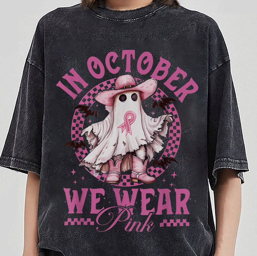 In October We Wear Pink Ghost Shirt, Halloween Tee, Pink Ribbon Shirt v8, Breast Cancer Awareness Shirt, Retro Cancer Survivor T-Shirt