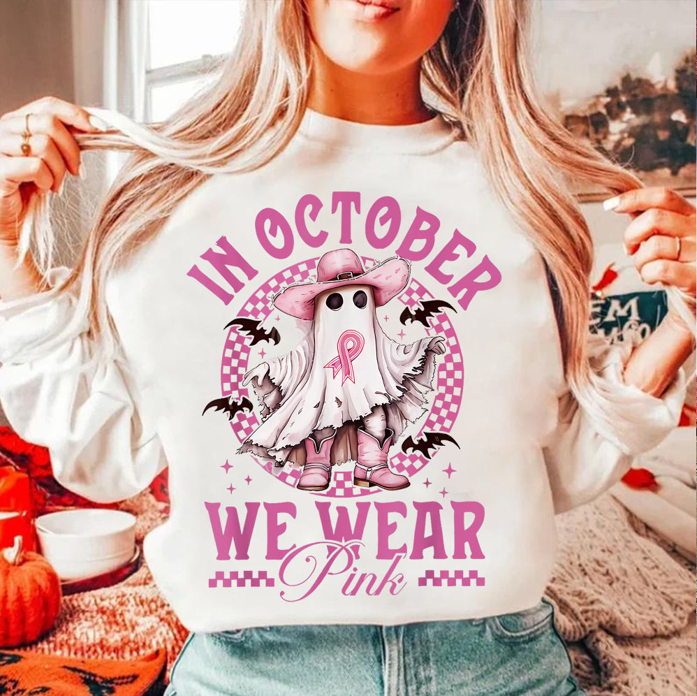 In October We Wear Pink Ghost Shirt, Halloween Tee, Pink Ribbon Shirt v8, Breast Cancer Awareness Shirt, Retro Cancer Survivor T-Shirt