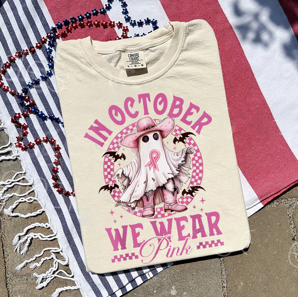 In October We Wear Pink Ghost Shirt, Halloween Tee, Pink Ribbon Shirt v8, Breast Cancer Awareness Shirt, Retro Cancer Survivor T-Shirt