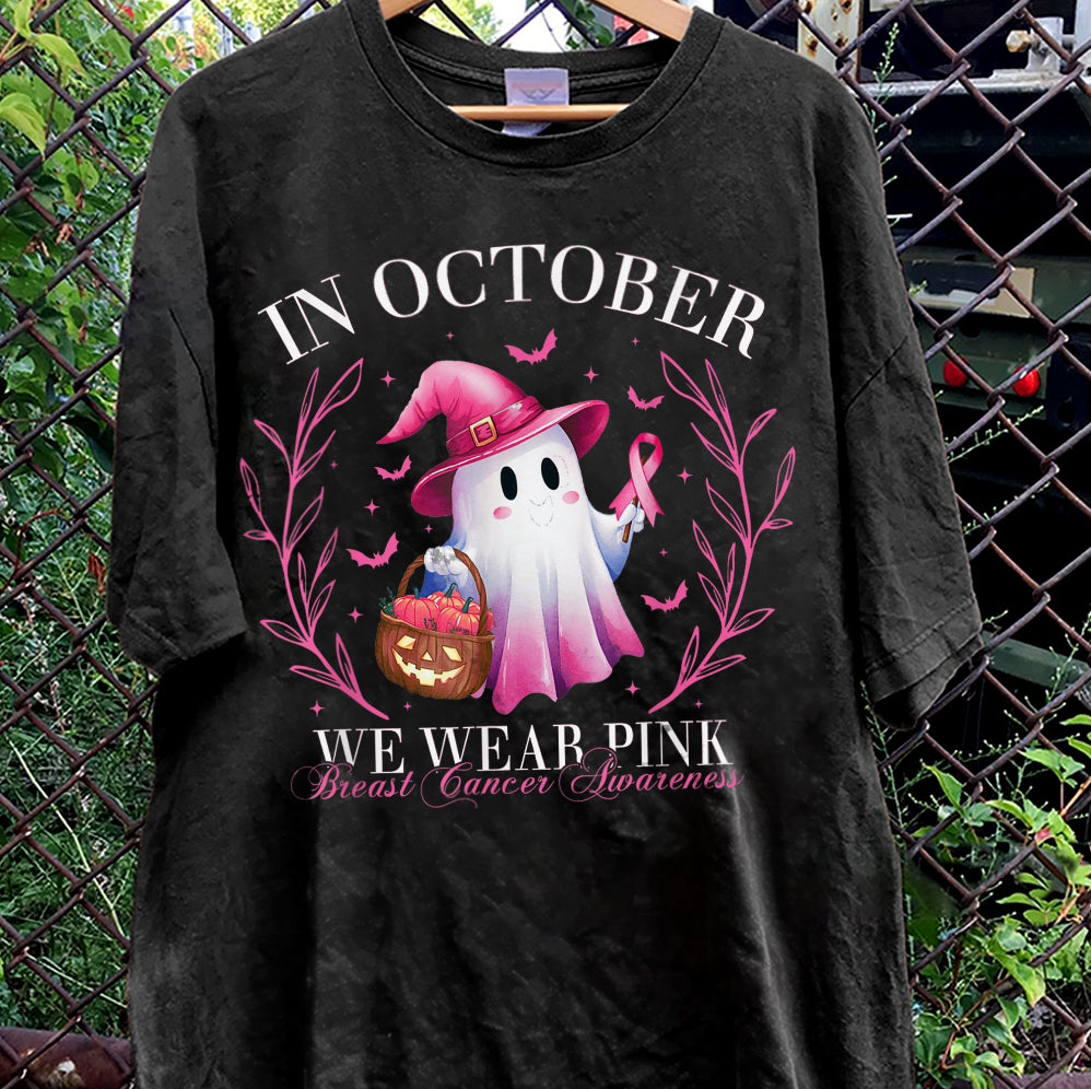 In October We Wear Pink Ghost Shirt, Halloween Tee, Pink Ribbon Shirt v9, Breast Cancer Awareness Shirt, Retro Cancer Survivor T-Shirt