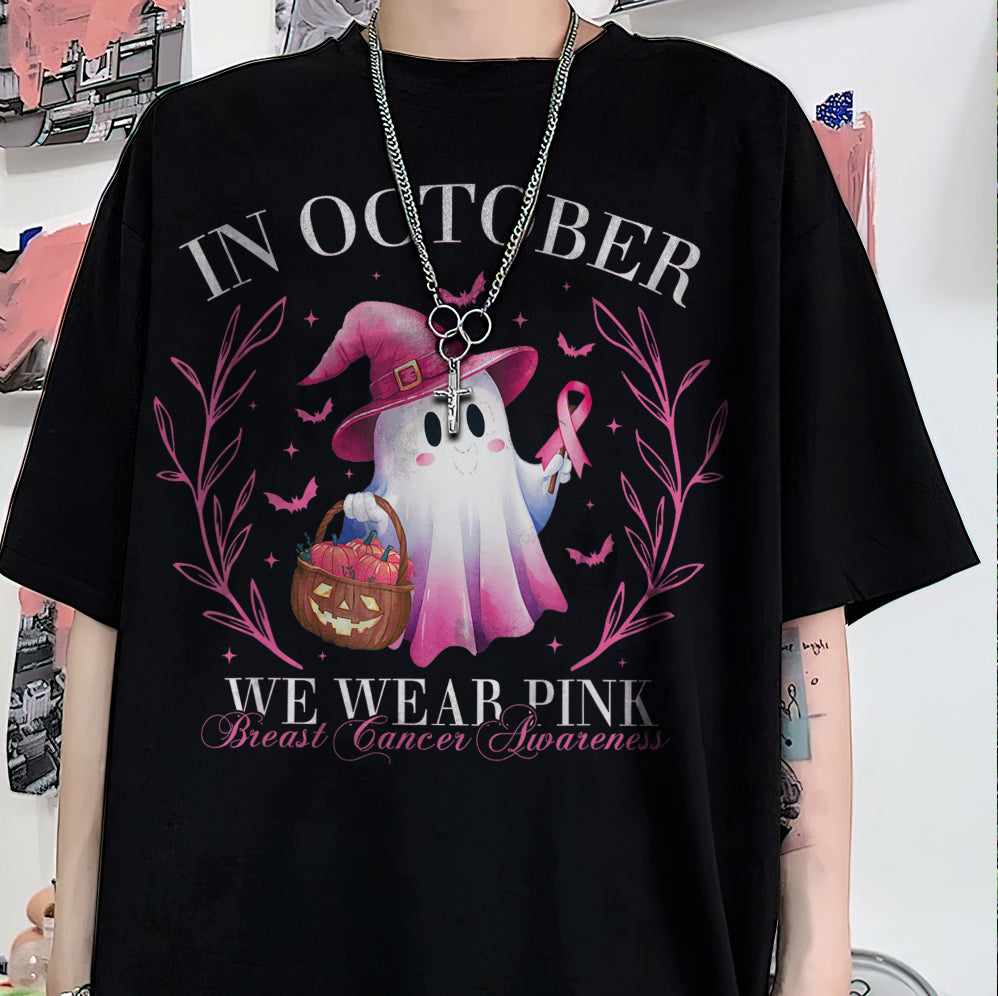 In October We Wear Pink Ghost Shirt, Halloween Tee, Pink Ribbon Shirt v9, Breast Cancer Awareness Shirt, Retro Cancer Survivor T-Shirt