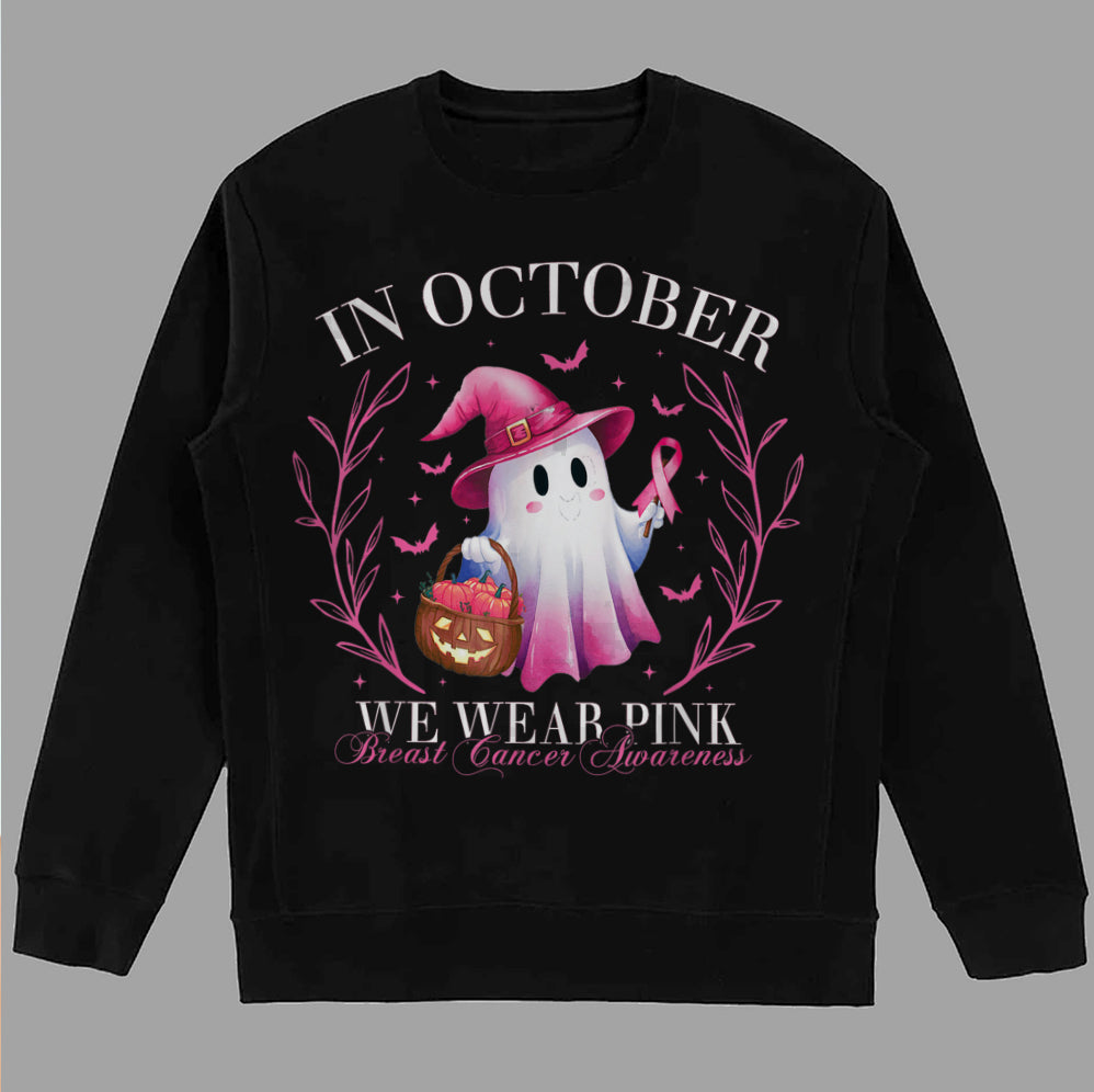 In October We Wear Pink Ghost Shirt, Halloween Tee, Pink Ribbon Shirt v9, Breast Cancer Awareness Shirt, Retro Cancer Survivor T-Shirt