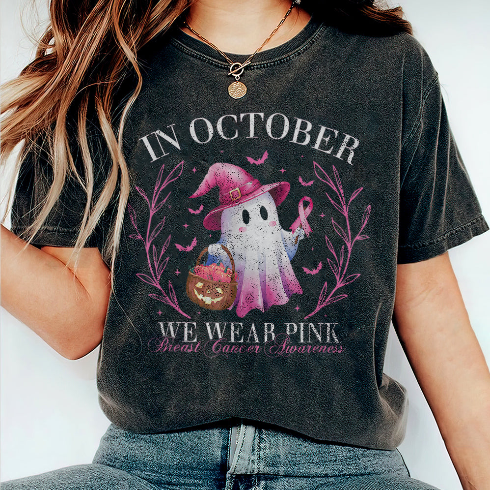 In October We Wear Pink Ghost Shirt, Halloween Tee, Pink Ribbon Shirt v9, Breast Cancer Awareness Shirt, Retro Cancer Survivor T-Shirt
