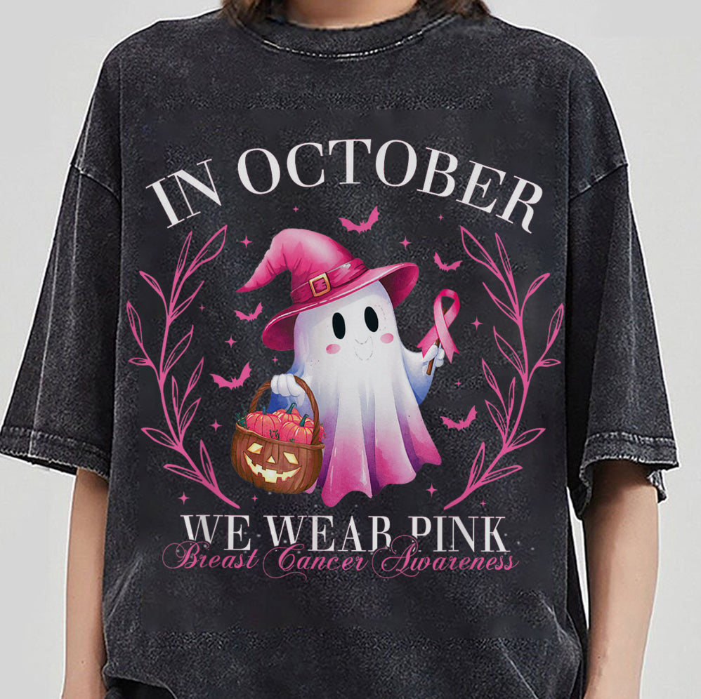 In October We Wear Pink Ghost Shirt, Halloween Tee, Pink Ribbon Shirt v9, Breast Cancer Awareness Shirt, Retro Cancer Survivor T-Shirt
