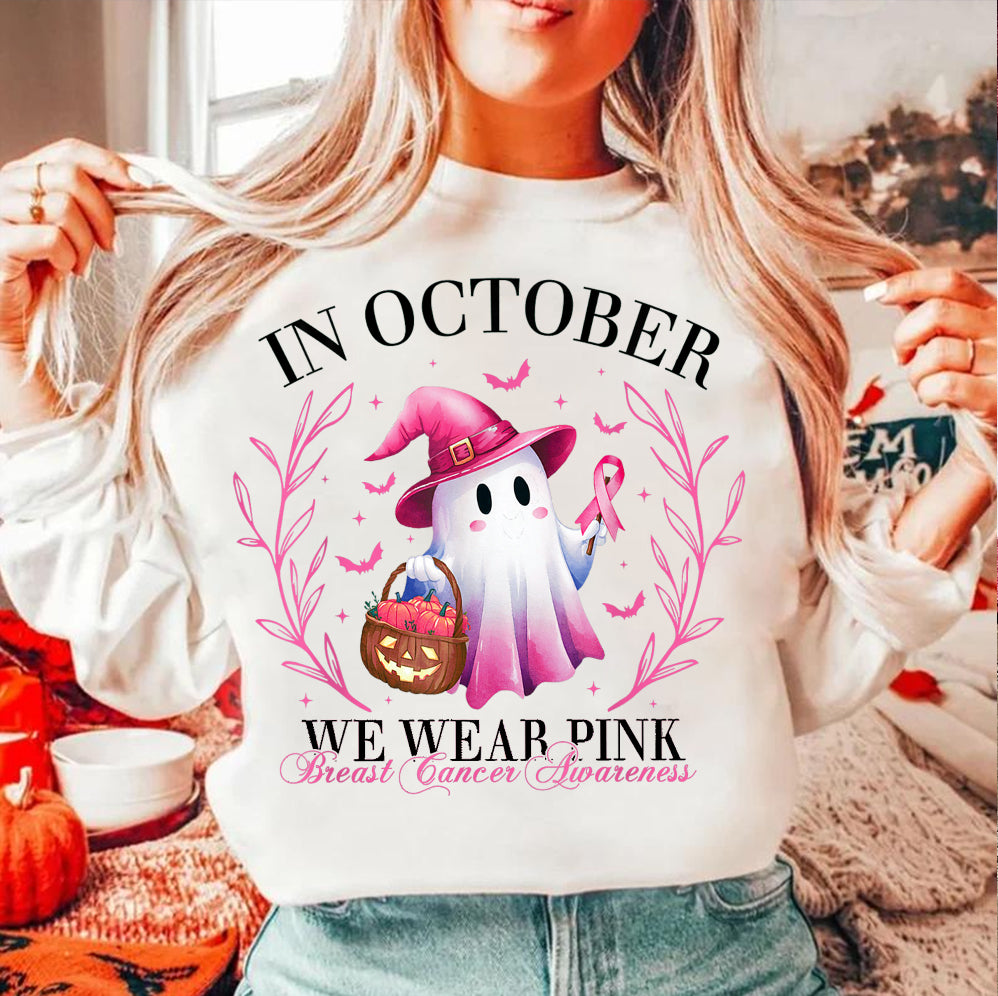 In October We Wear Pink Ghost Shirt, Halloween Tee, Pink Ribbon Shirt v9, Breast Cancer Awareness Shirt, Retro Cancer Survivor T-Shirt
