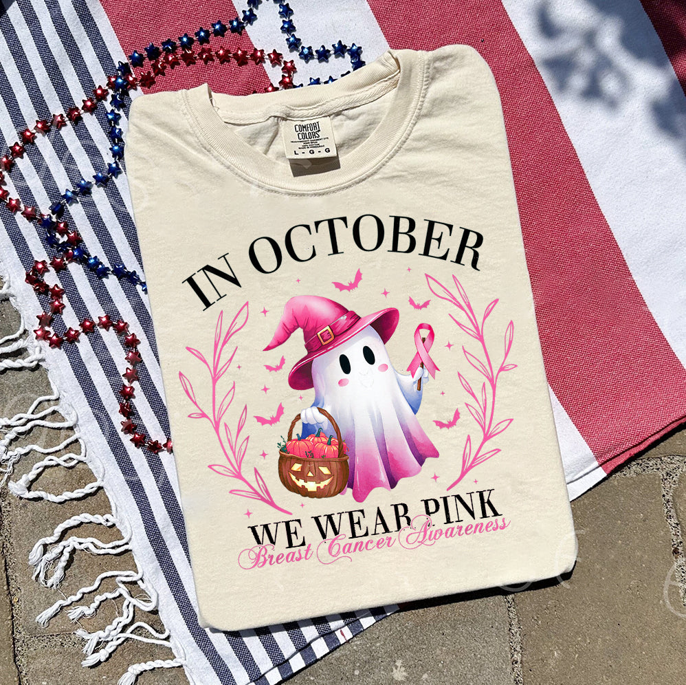 In October We Wear Pink Ghost Shirt, Halloween Tee, Pink Ribbon Shirt v9, Breast Cancer Awareness Shirt, Retro Cancer Survivor T-Shirt