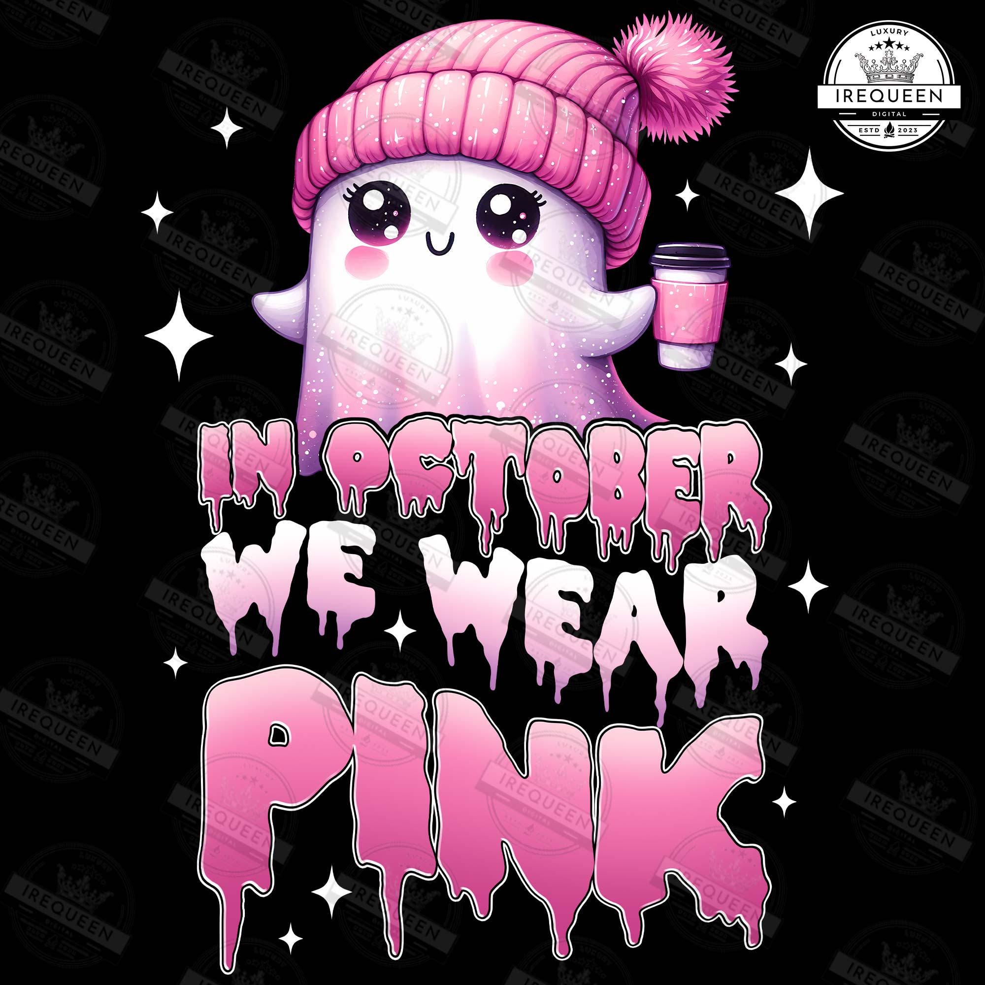 In October We Wear Pink PNG Png, Breast Cancer Awareness Png, Retro Breast Cancer, Halloween Pink Ghost png, October awareness, Digital File SCU