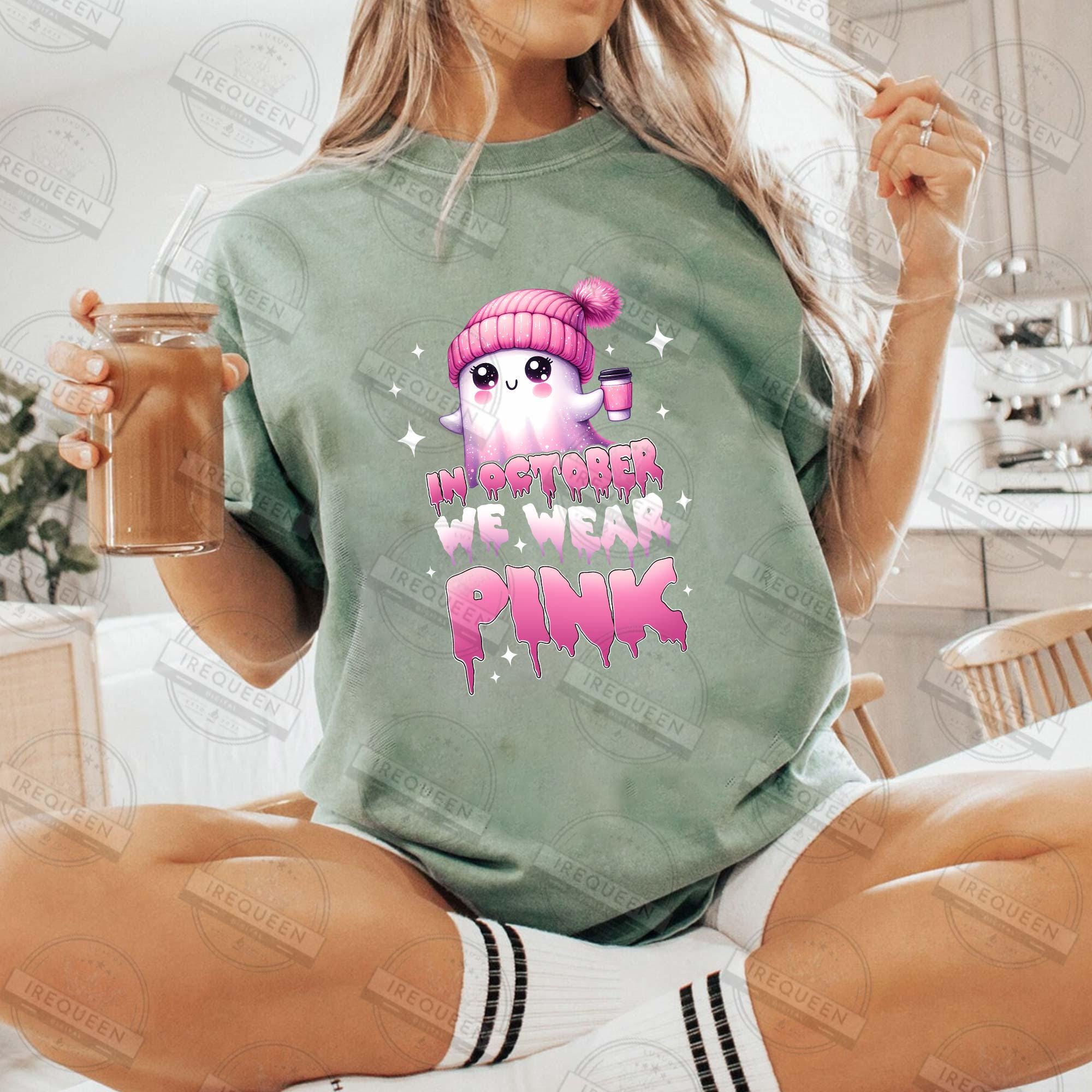 In October We Wear Pink PNG Png, Breast Cancer Awareness Png, Retro Breast Cancer, Halloween Pink Ghost png, October awareness, Digital File SCU