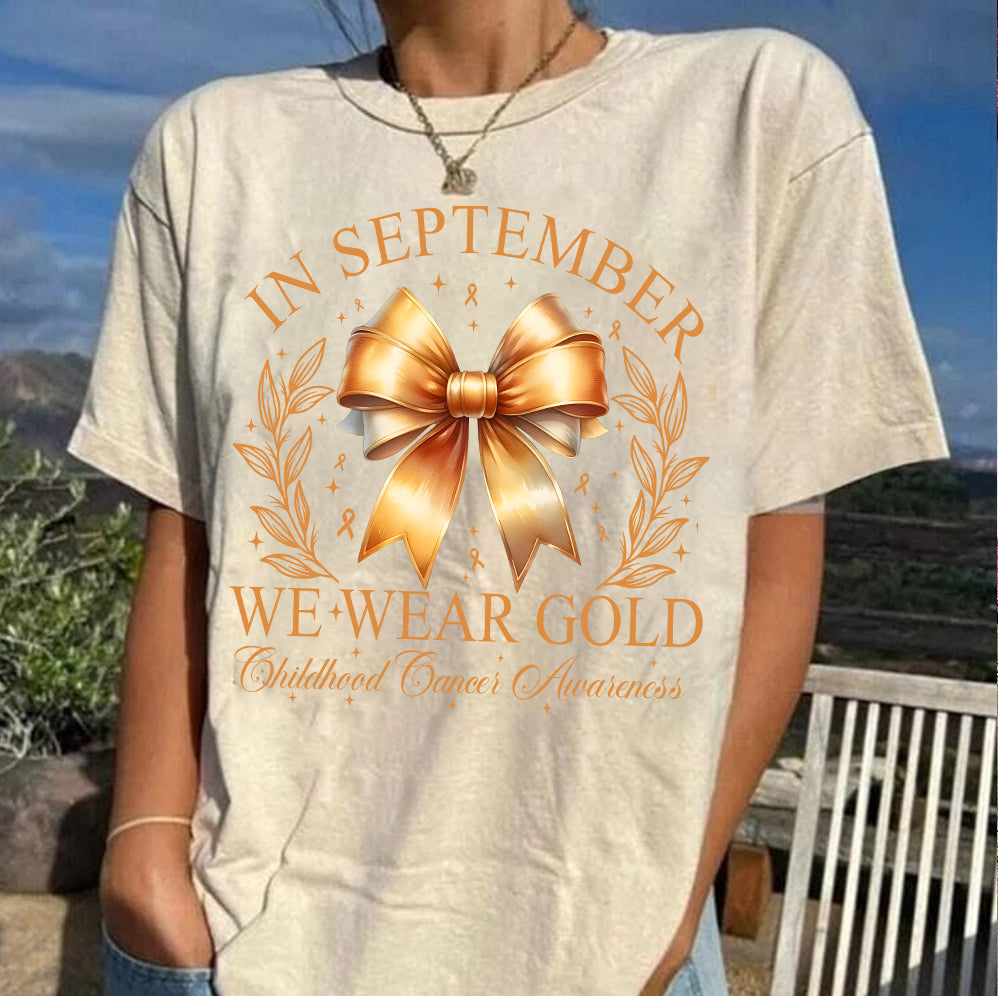 In September We Wear Gold T-shirt, Childhood Cancer Gold Ribbon Shirt,  Childhood Cancer Awareness Tee, Gold Ribbon Gift