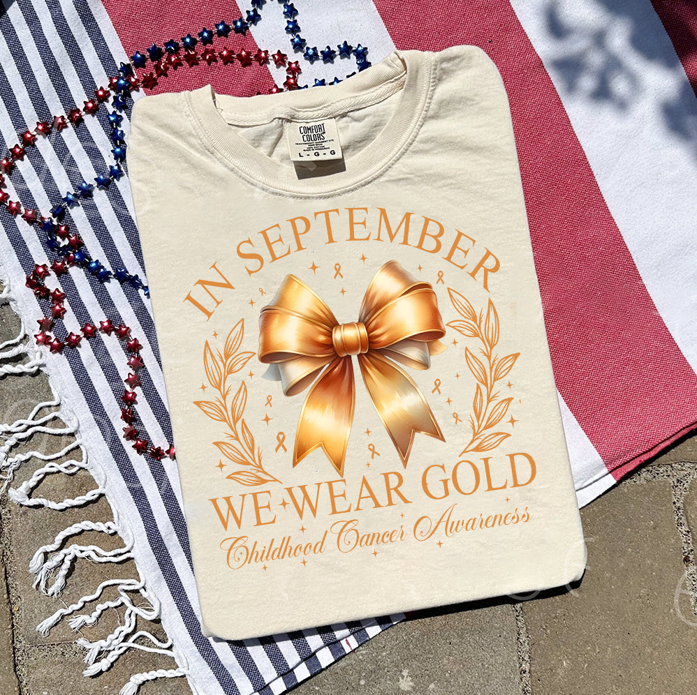 In September We Wear Gold T-shirt, Childhood Cancer Gold Ribbon Shirt,  Childhood Cancer Awareness Tee, Gold Ribbon Gift