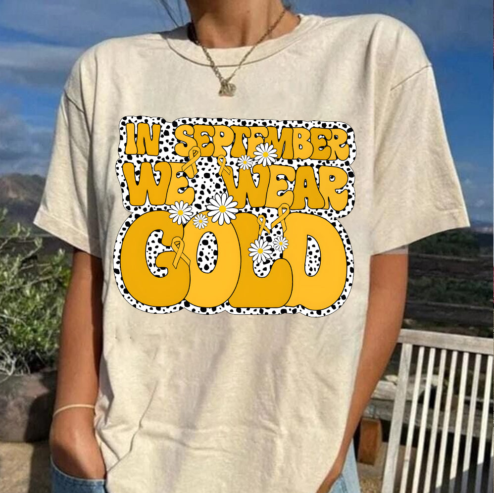 In September We Wear Gold T-shirt, Childhood Cancer Gold Ribbon Shirt V1, Childhood Cancer Awareness Tee, Gold Ribbon Gift