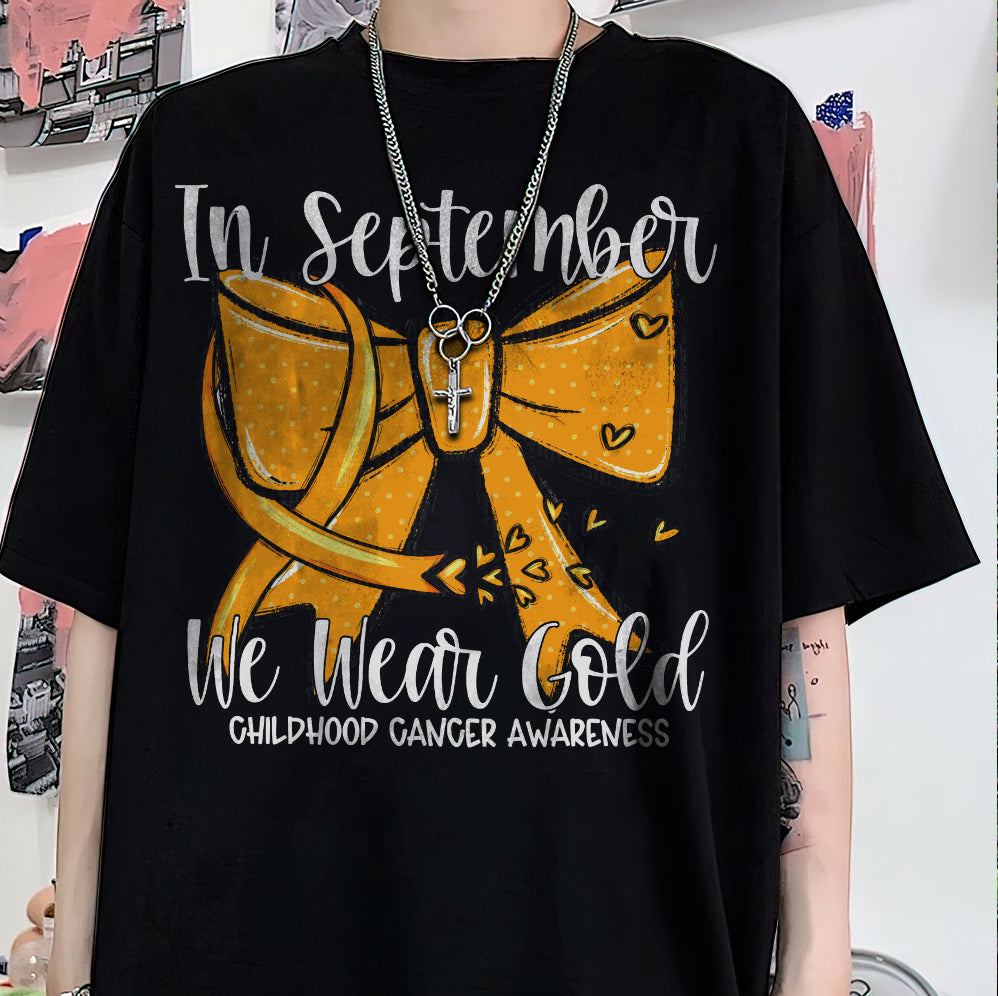 In September We Wear Gold T-shirt, Childhood Cancer Gold Ribbon Shirt V2, Childhood Cancer Awareness Tee, Gold Ribbon Gift