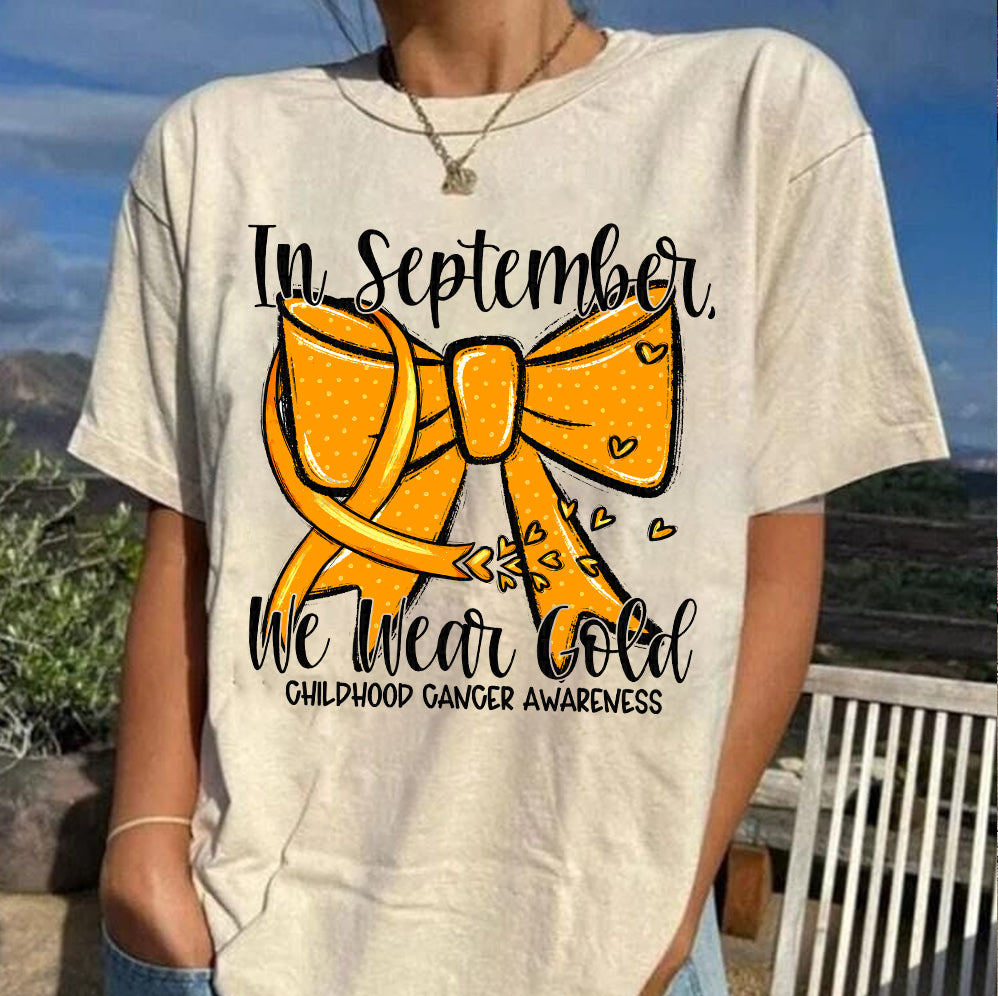 In September We Wear Gold T-shirt, Childhood Cancer Gold Ribbon Shirt V2, Childhood Cancer Awareness Tee, Gold Ribbon Gift