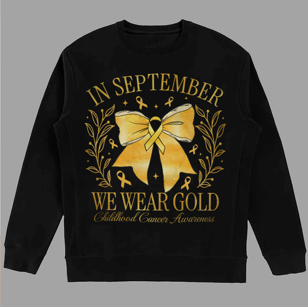 In September We Wear Gold T-shirt, Childhood Cancer Gold Ribbon Shirt V3, Childhood Cancer Awareness Tee, Gold Ribbon Gift