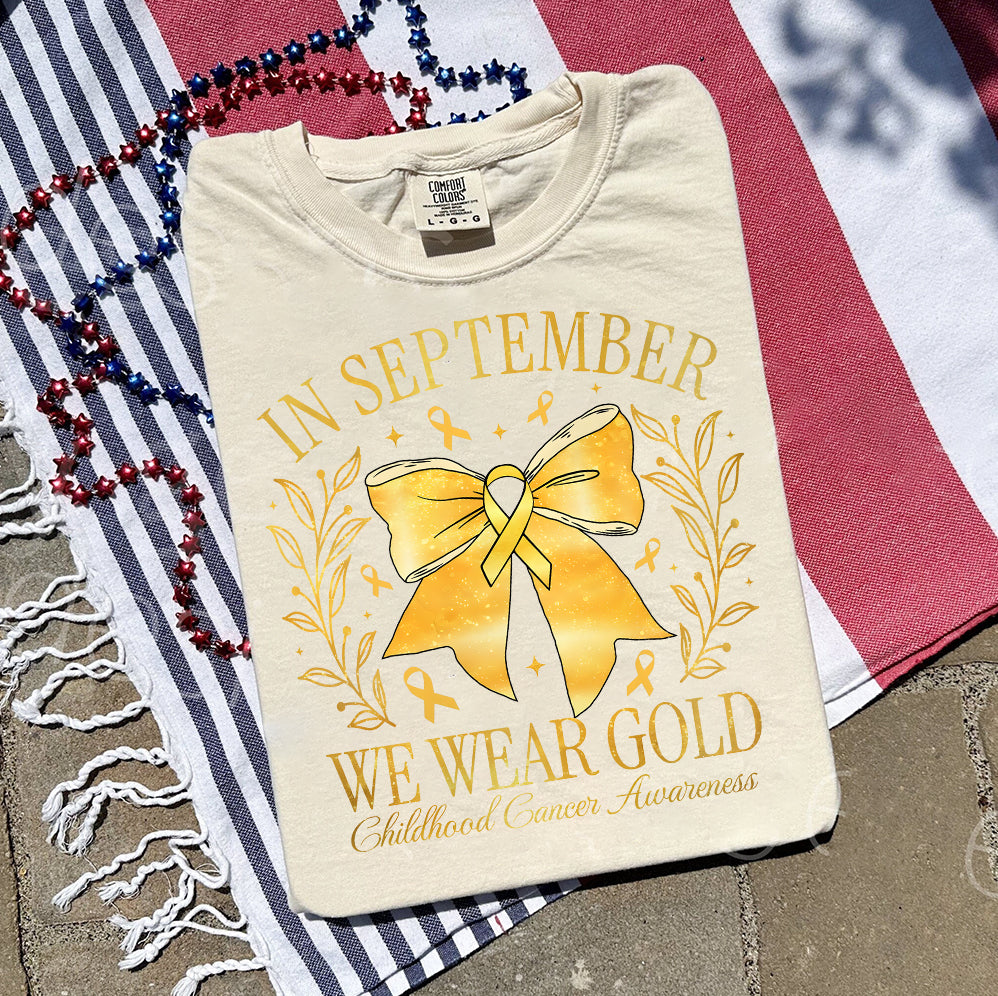 In September We Wear Gold T-shirt, Childhood Cancer Gold Ribbon Shirt V3, Childhood Cancer Awareness Tee, Gold Ribbon Gift