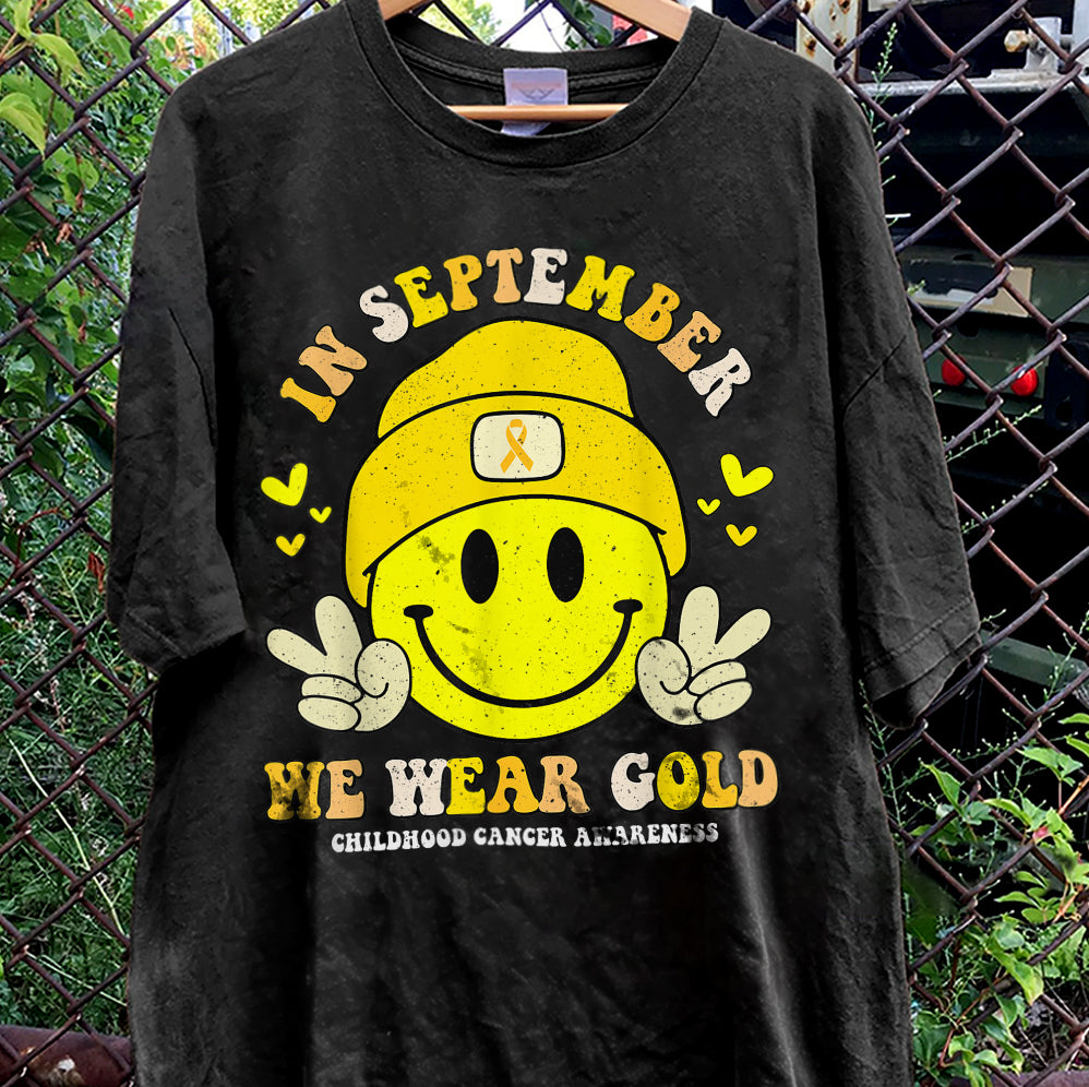 In September We Wear Gold T-shirt, Childhood Cancer Gold Ribbon Shirt V4, Childhood Cancer Awareness Tee, Gold Ribbon Gift