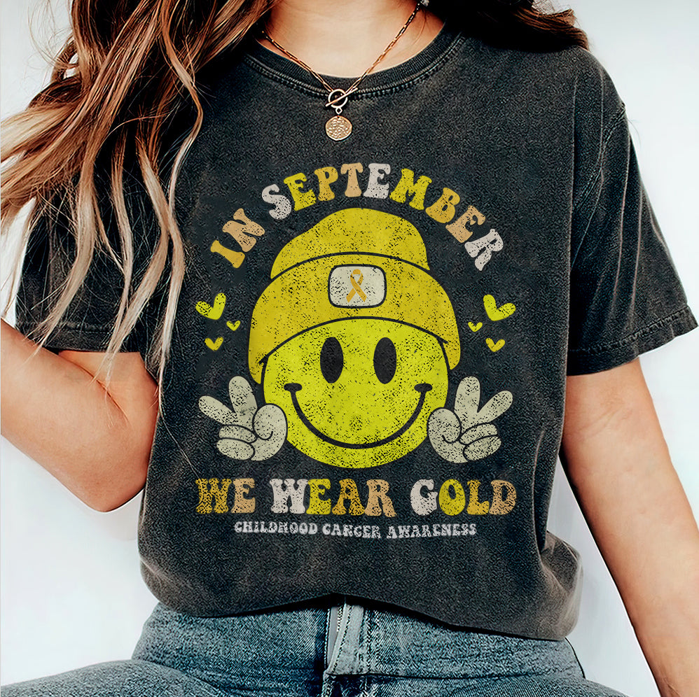 In September We Wear Gold T-shirt, Childhood Cancer Gold Ribbon Shirt V4, Childhood Cancer Awareness Tee, Gold Ribbon Gift