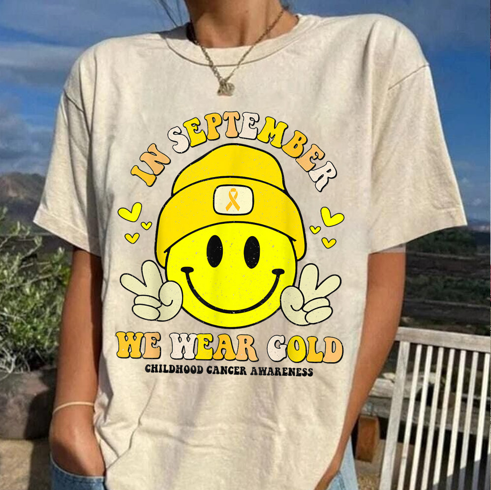 In September We Wear Gold T-shirt, Childhood Cancer Gold Ribbon Shirt V4, Childhood Cancer Awareness Tee, Gold Ribbon Gift