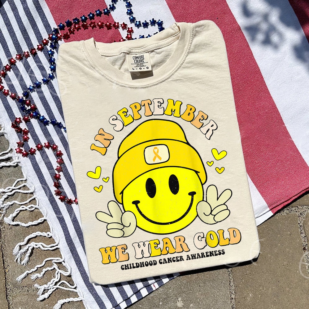 In September We Wear Gold T-shirt, Childhood Cancer Gold Ribbon Shirt V4, Childhood Cancer Awareness Tee, Gold Ribbon Gift
