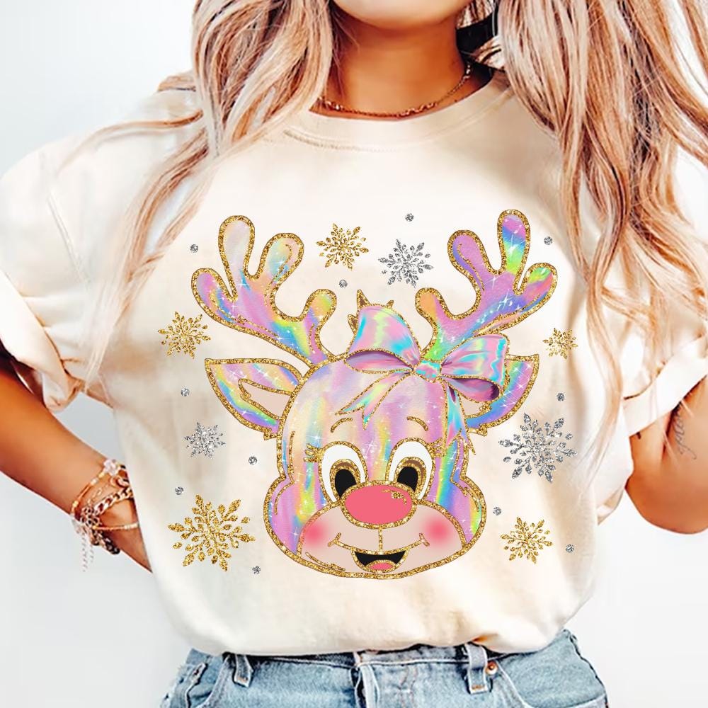 Iridescent Reindeer Christmas Png, Coquette Christmas Png, Iridescent Christmas Png, Girly Christmas Png, Colorful Glitter Christmas Png SCU