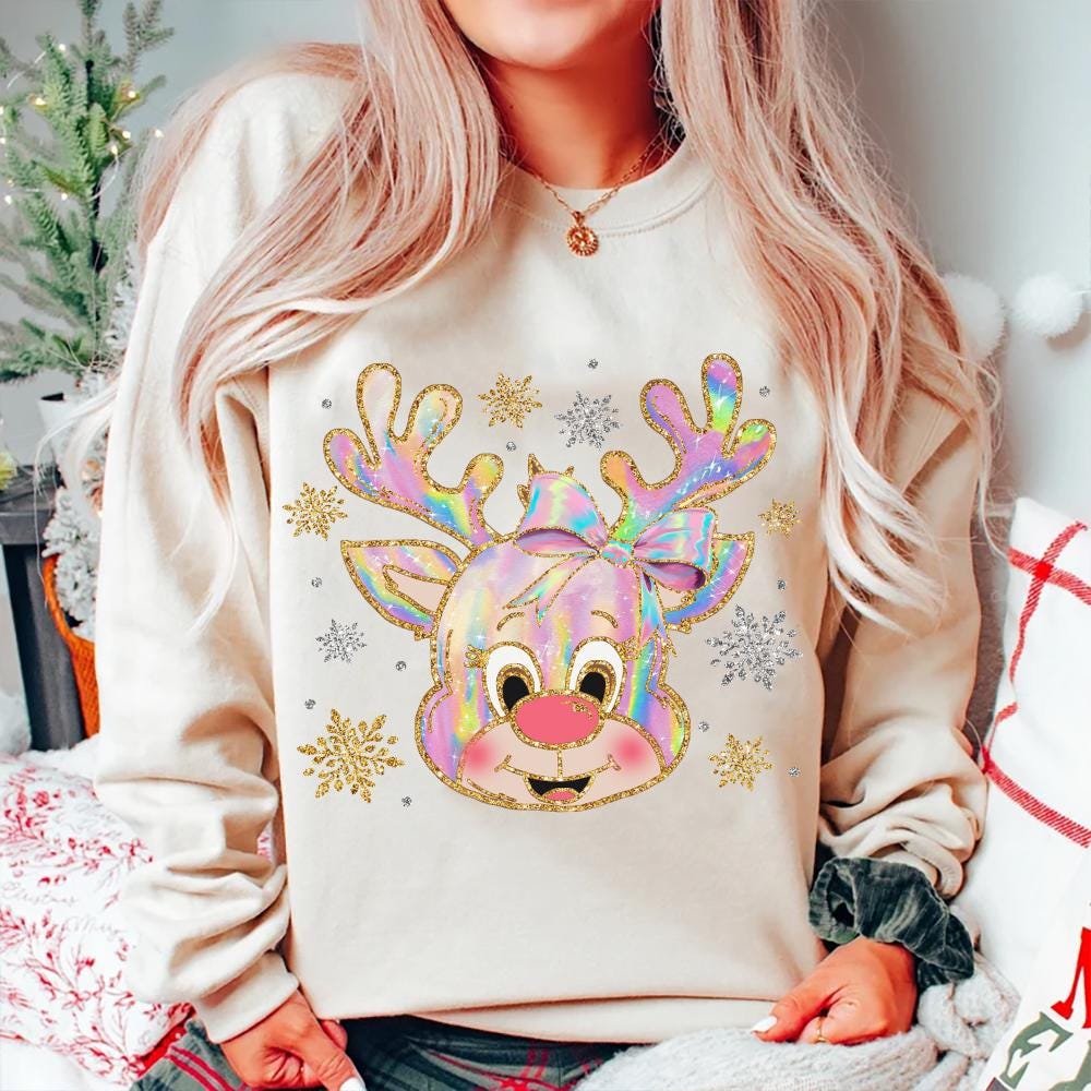 Iridescent Reindeer Christmas Png, Coquette Christmas Png, Iridescent Christmas Png, Girly Christmas Png, Colorful Glitter Christmas Png SCU