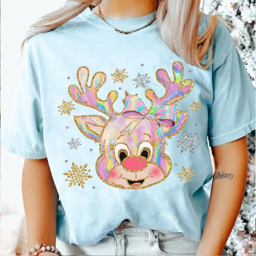 Iridescent Reindeer Christmas Png, Coquette Christmas Png, Iridescent Christmas Png, Girly Christmas Png, Colorful Glitter Christmas Png SCU