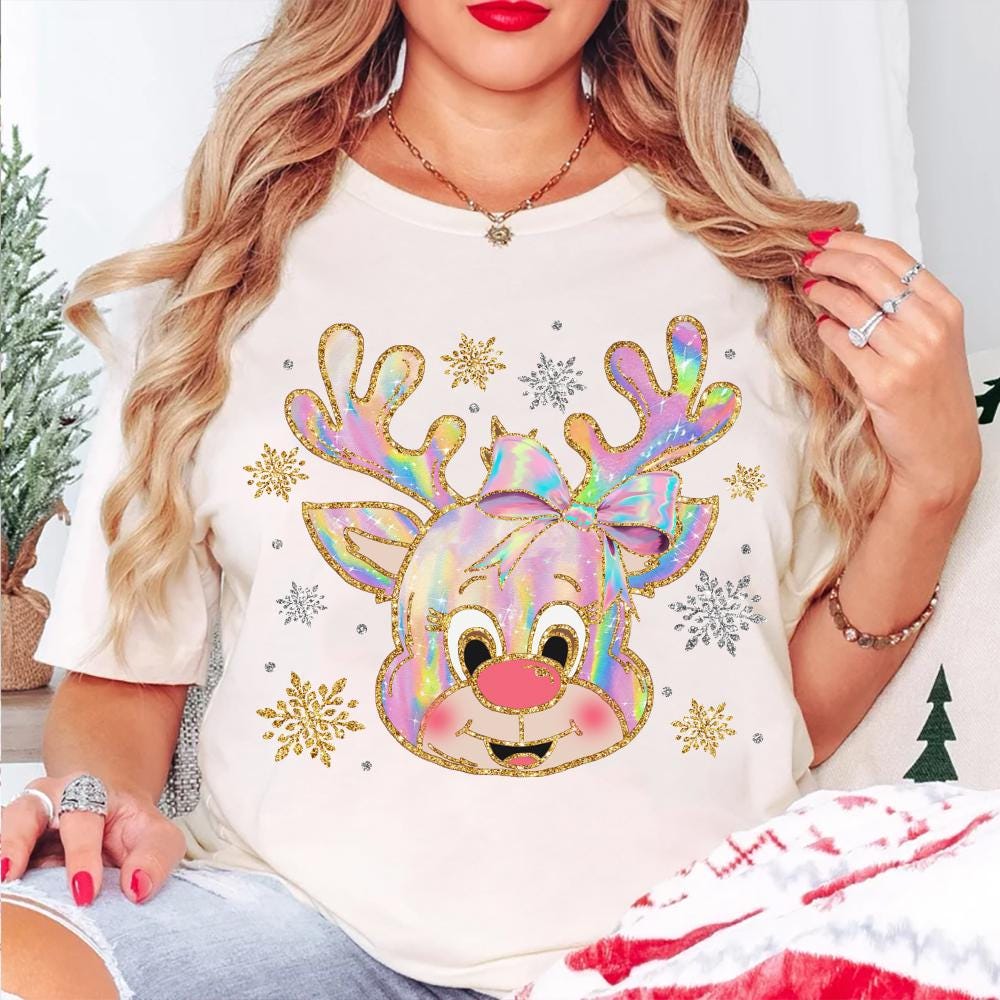 Iridescent Reindeer Christmas Png, Coquette Christmas Png, Iridescent Christmas Png, Girly Christmas Png, Colorful Glitter Christmas Png SCU