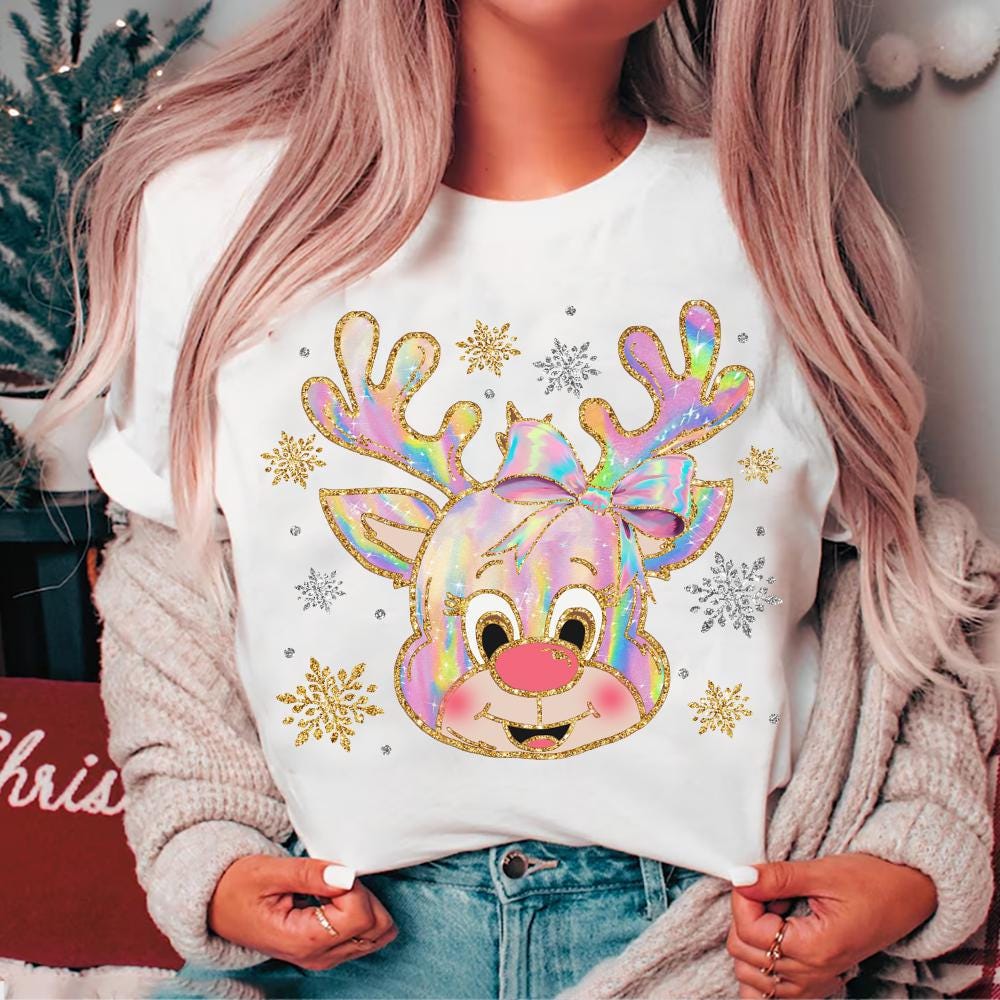 Iridescent Reindeer Christmas Png, Coquette Christmas Png, Iridescent Christmas Png, Girly Christmas Png, Colorful Glitter Christmas Png SCU