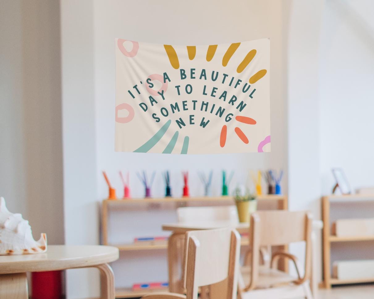 It's A Beautiful Day to Learn Something New Classroom Tapestry  Elementary School Decor   Wall Hanging Horizontal - Bright + Funky TAPES1