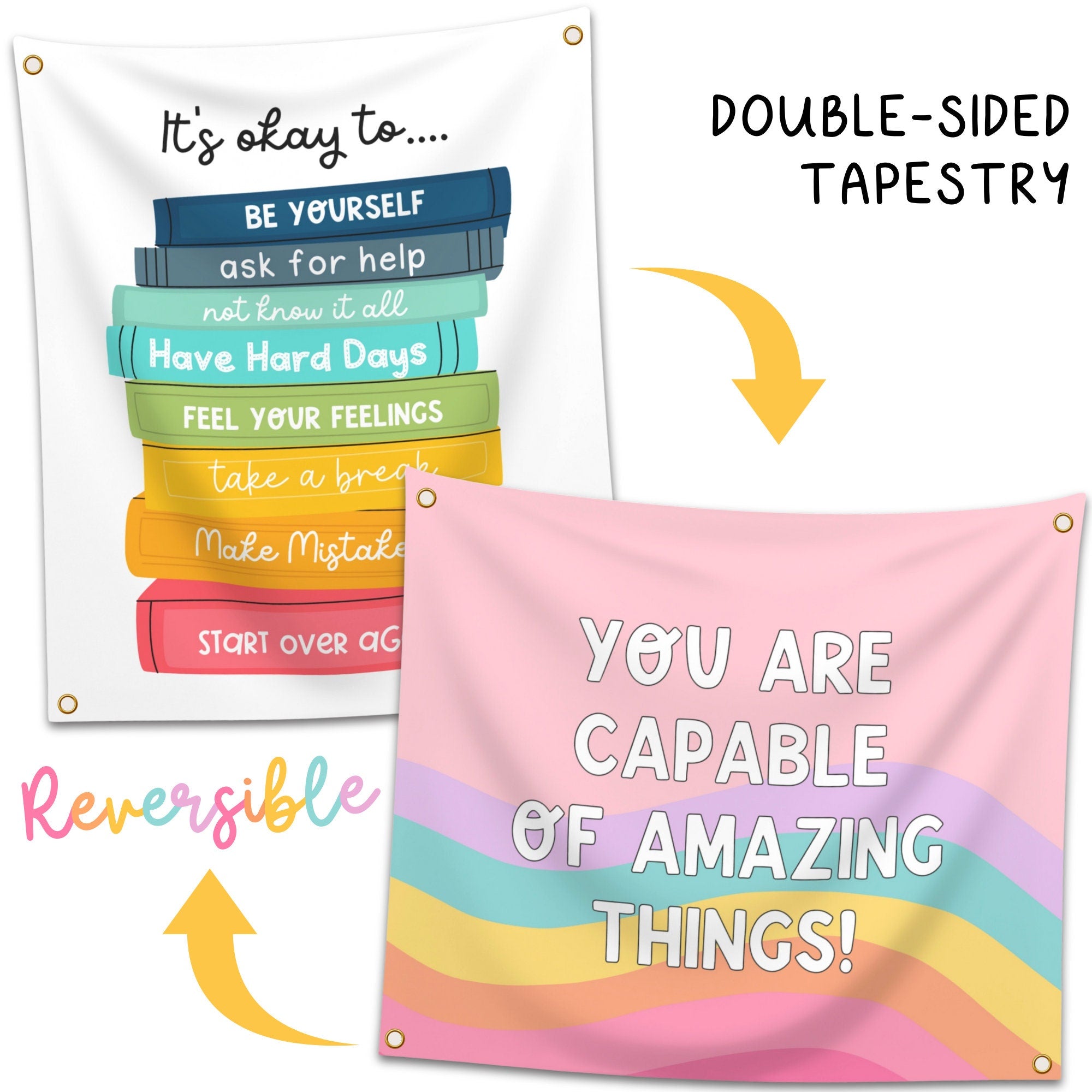 It's Okay To Be Yourself Classroom Tapestry - Double-sided Inspirational Hanging Wall Art for Teachers & Students - Large Cute School Banner TAPES1