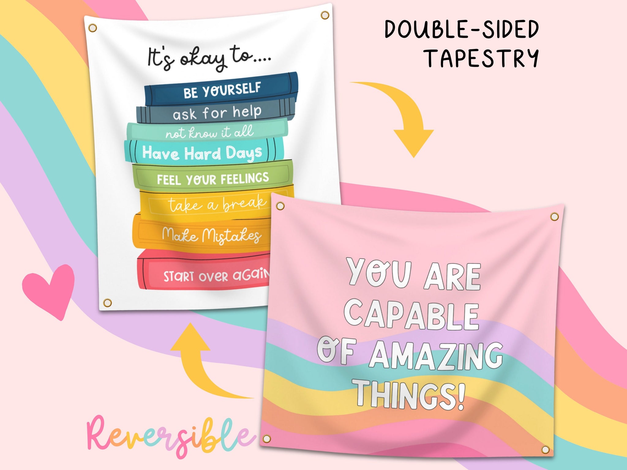 It's Okay To Be Yourself Classroom Tapestry - Double-sided Inspirational Hanging Wall Art for Teachers & Students - Large Cute School Banner TAPES1