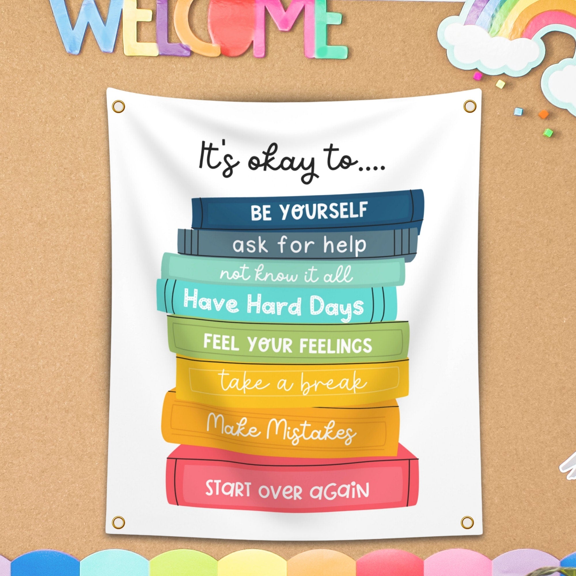 It's Okay To Be Yourself Classroom Tapestry - Double-sided Inspirational Hanging Wall Art for Teachers & Students - Large Cute School Banner TAPES1